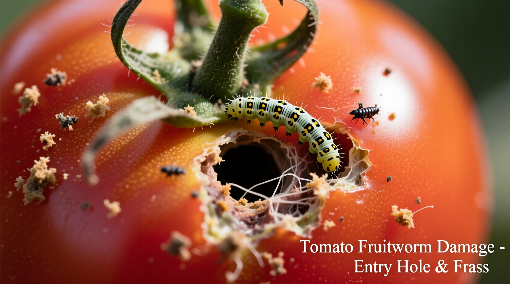 Close-up of tomato fruitworm damage showing entry hole and frass
