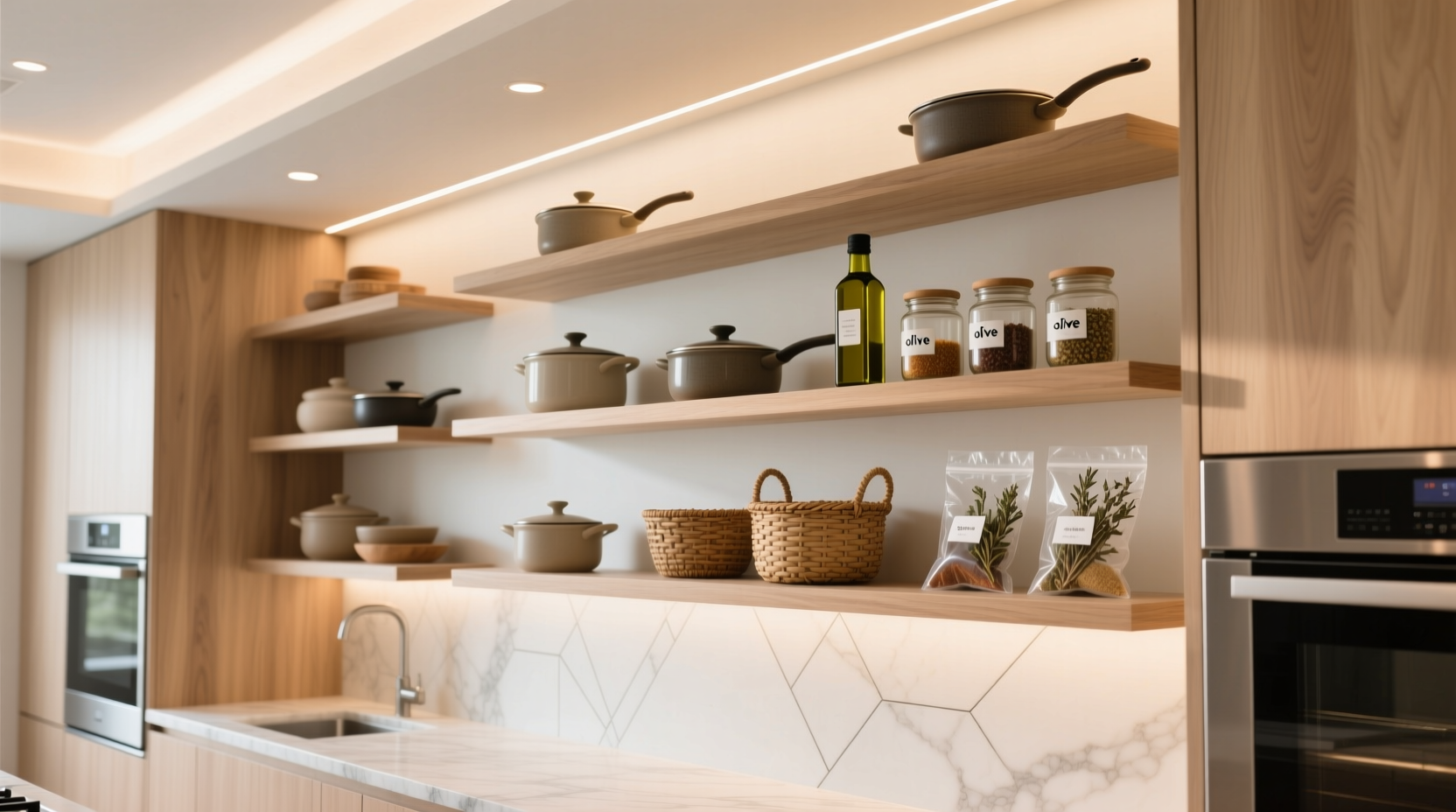 storage for open kitchen shelves