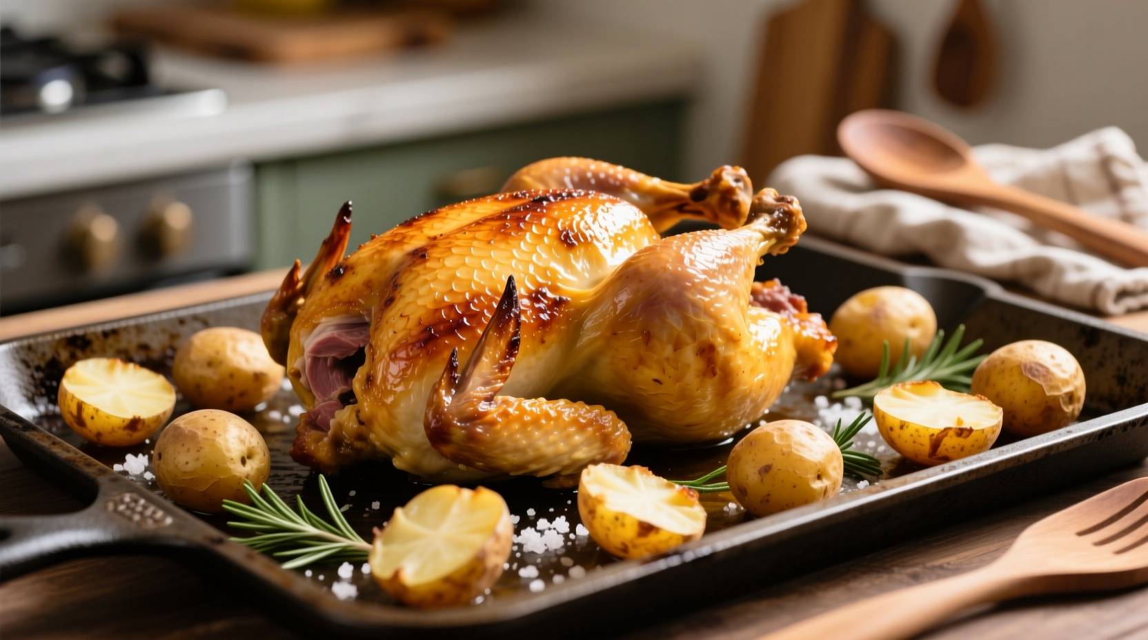 Golden roasted chicken with crispy potatoes on sheet pan