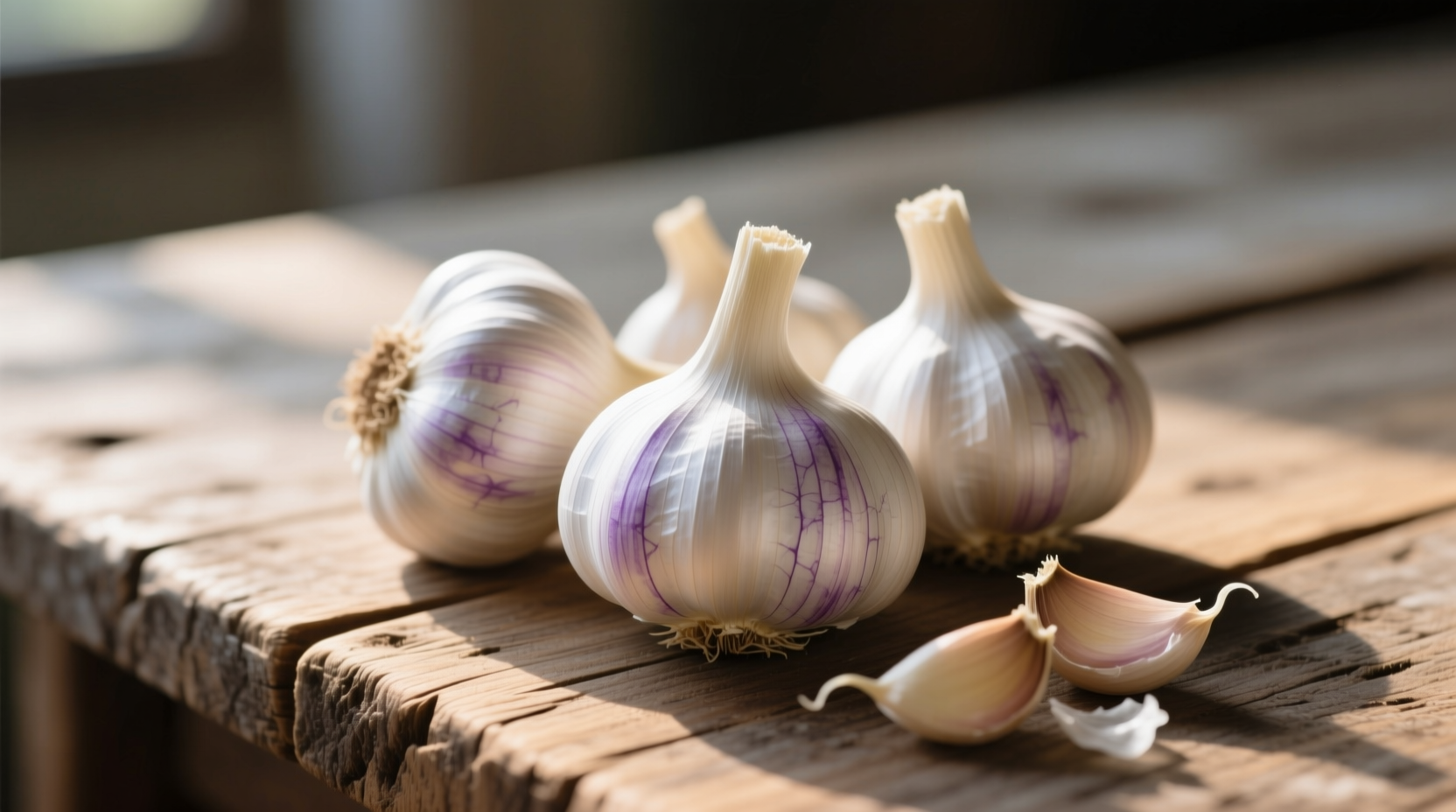 Fresh garlic bulbs with papery skins on wooden table