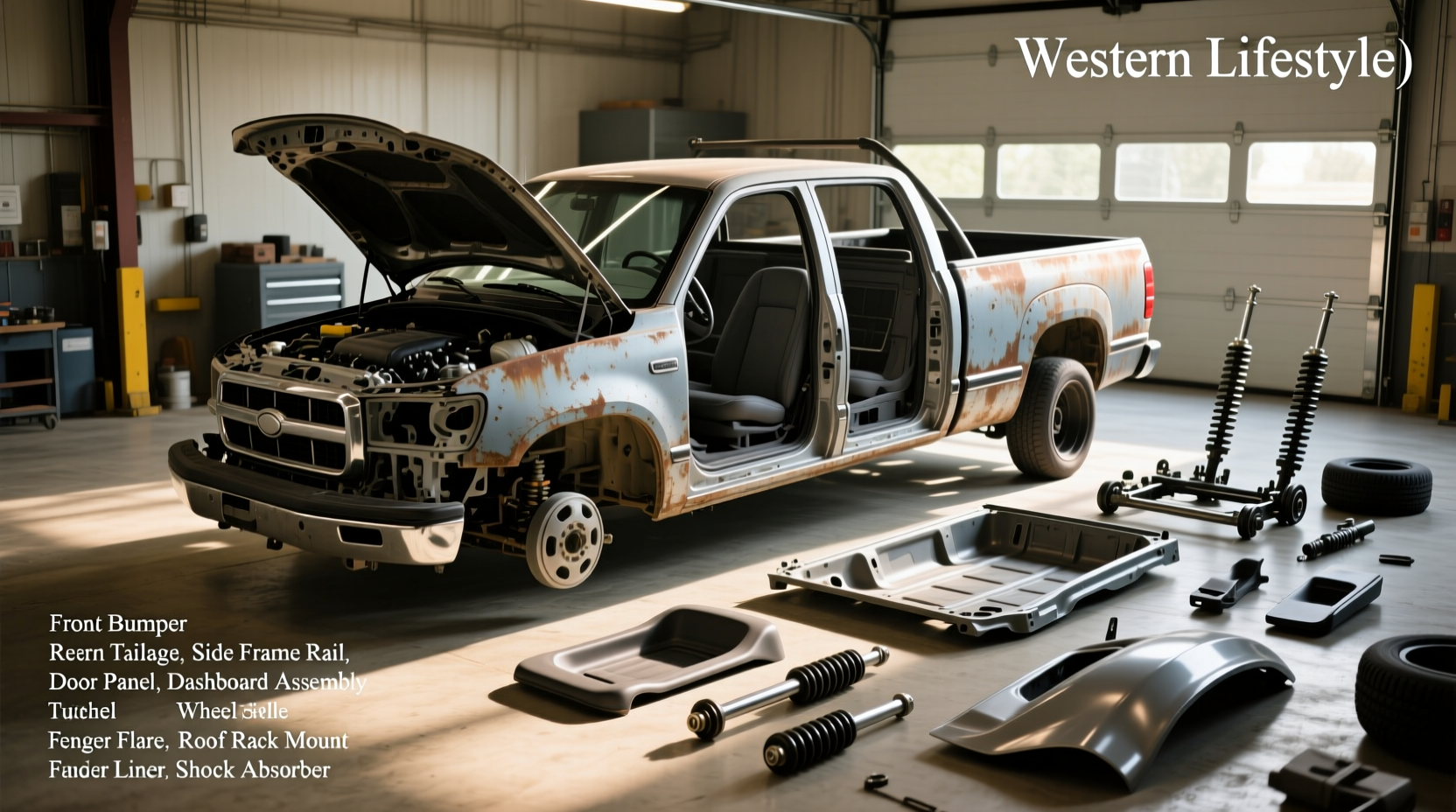 Labeled diagram showing major exterior body parts of a pickup truck including hood, fenders, doors, bed, and tailgate