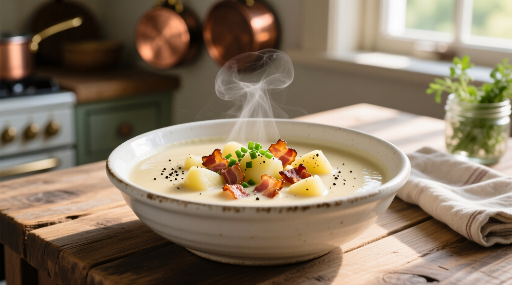 Creamy potato and bacon soup in white bowl