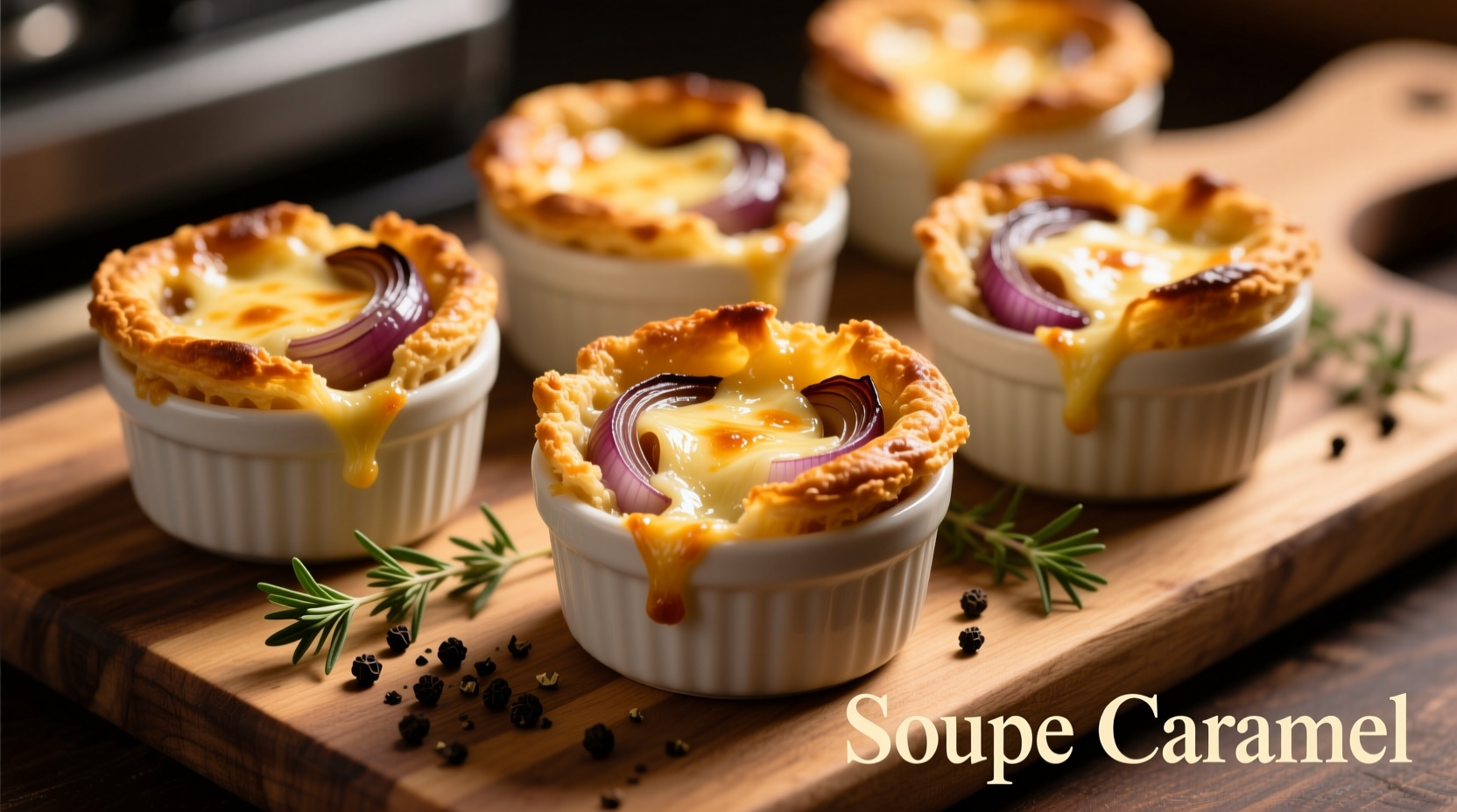 Golden French onion soup bites in mini ramekins