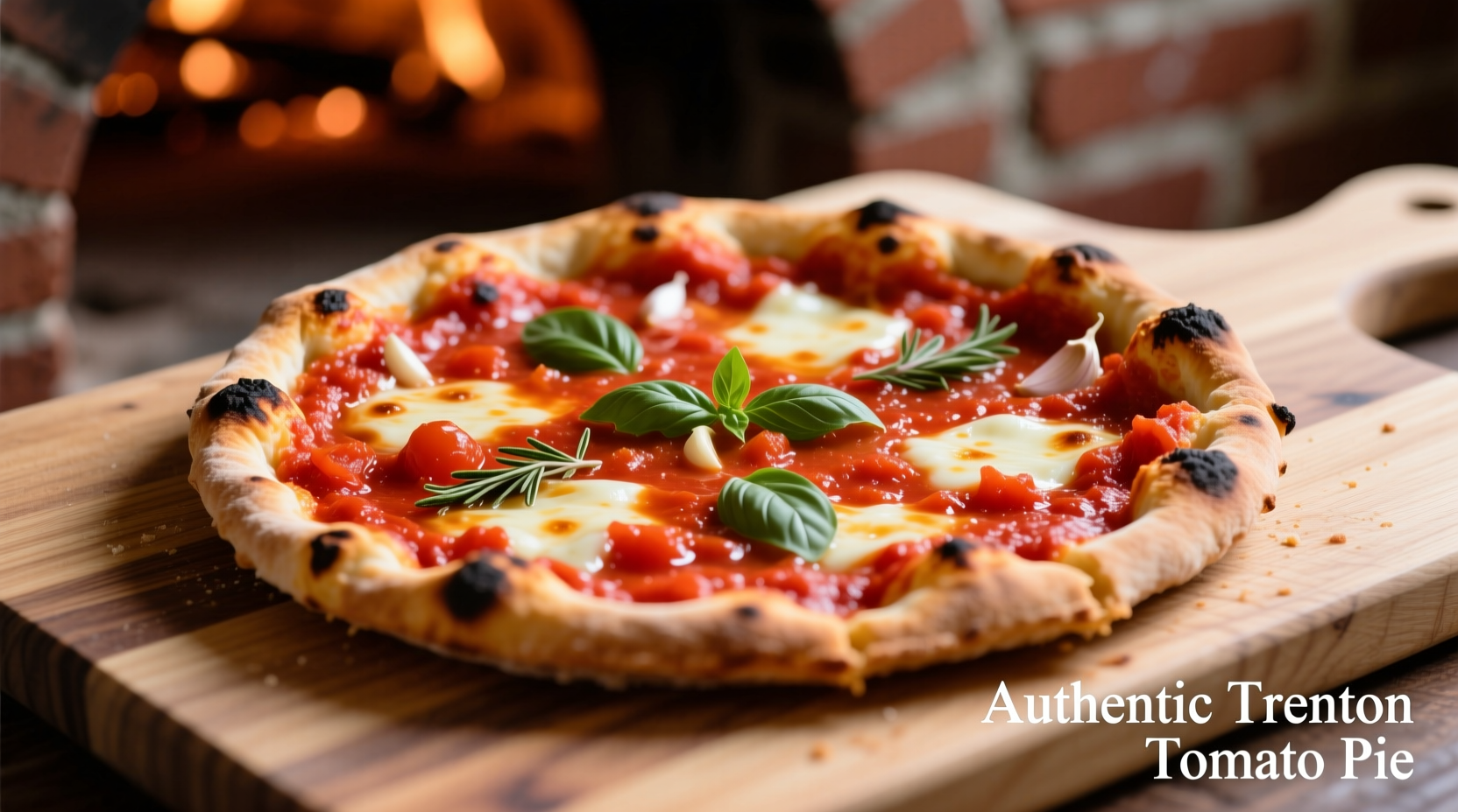 Authentic Trenton tomato pie with vibrant red sauce on top