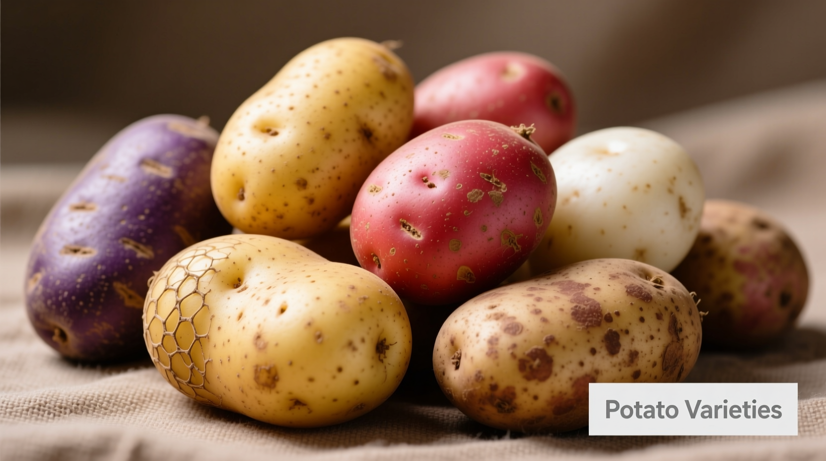 Close-up of various potato varieties showing different colors and textures