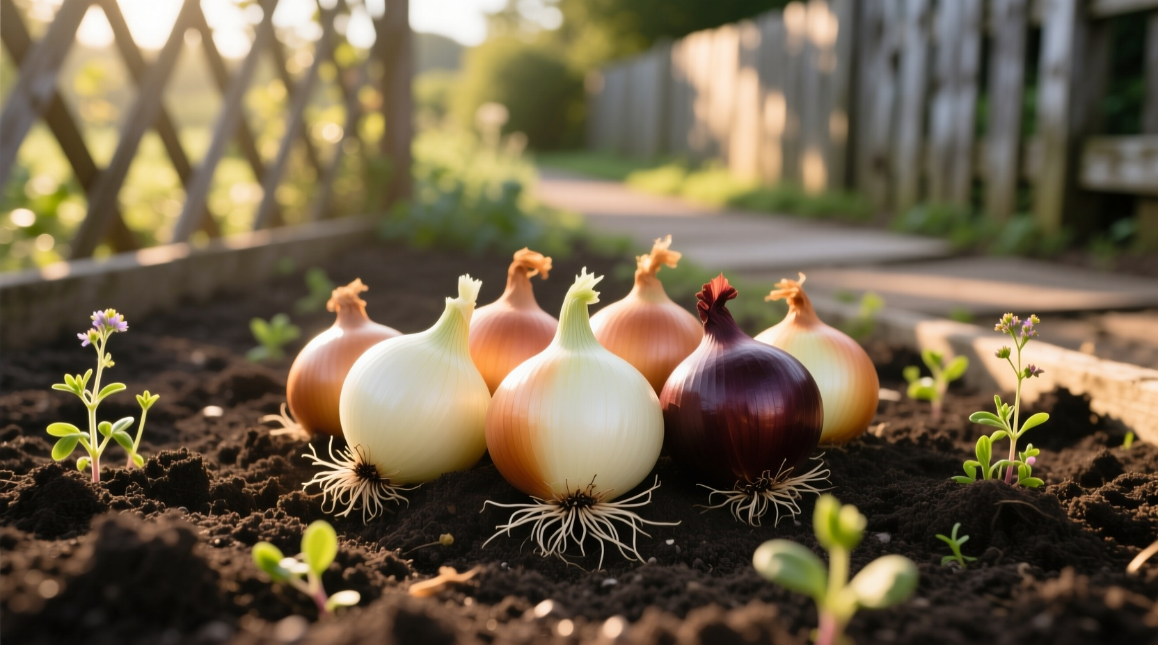 Fresh onion sets displayed on garden soil