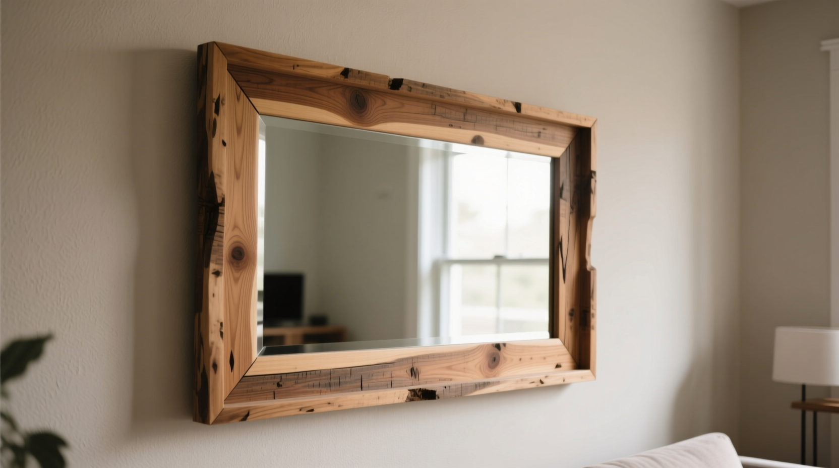DIY mirror frame crafted from reclaimed wood showing clean edges and natural grain