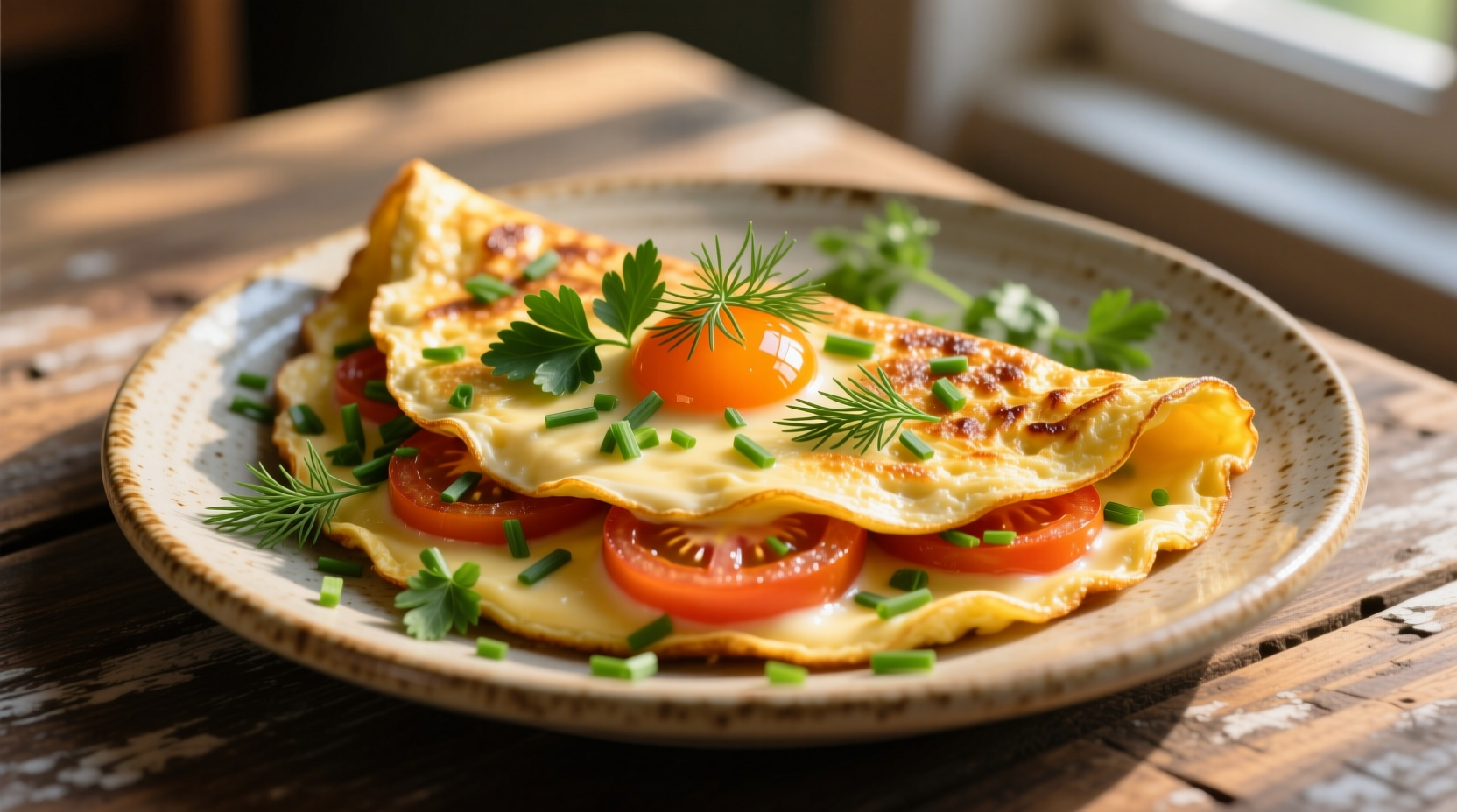 Perfect golden tomato omelette with fresh herbs