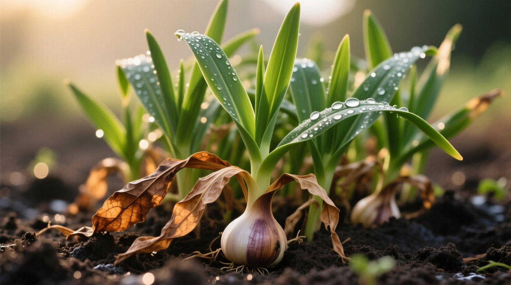 Garlic plants showing brown lower leaves and green upper leaves