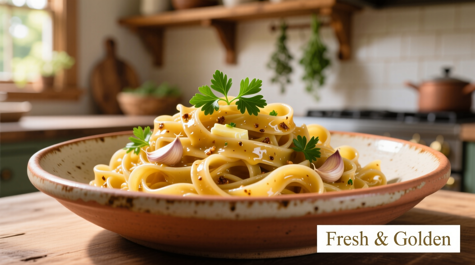 Fresh pasta with golden garlic sauce in ceramic bowl