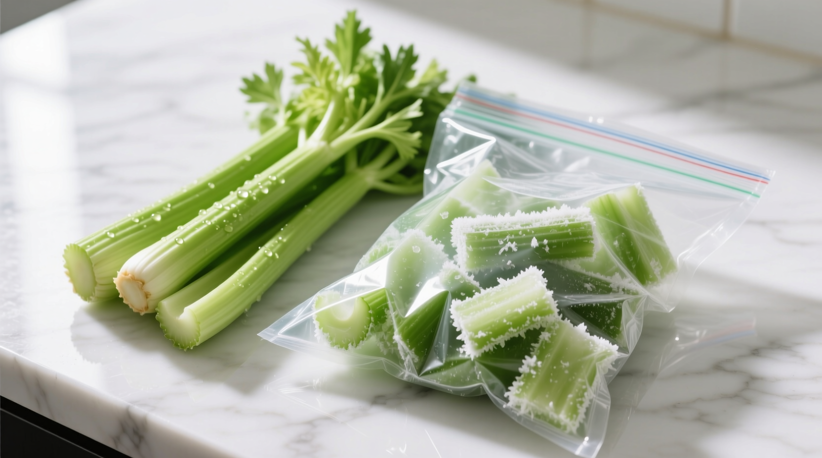 Fresh celery stalks next to frozen celery pieces in bag