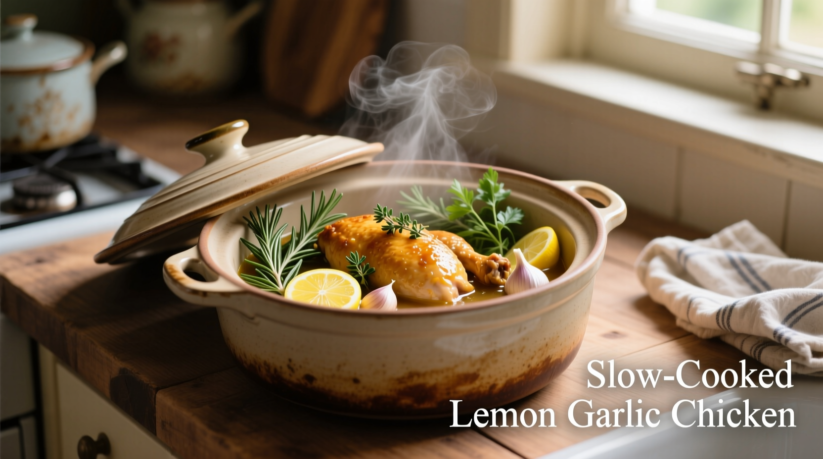 Slow cooker with lemon garlic chicken and fresh herbs