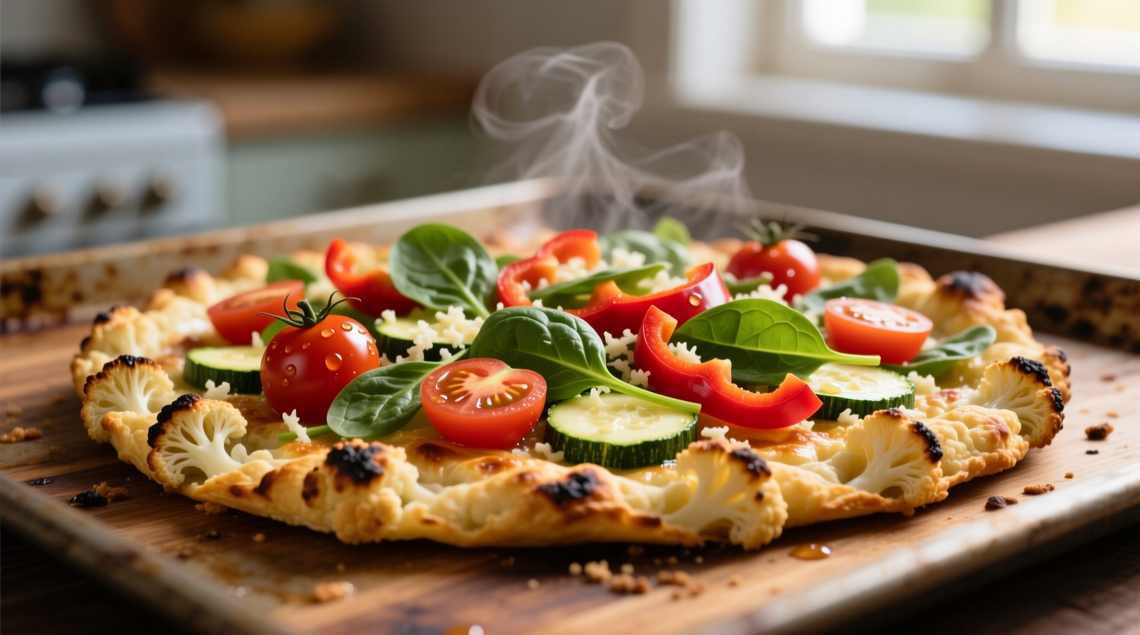 Cauliflower thins topped with vegetables on baking sheet