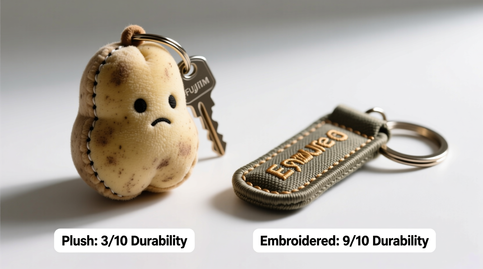 potato plush keychain vs embroidered keychain which one will actually hold up