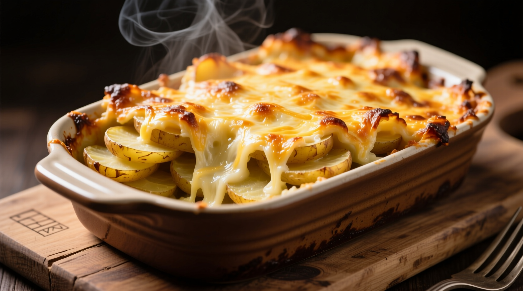 Golden brown potato casserole with crispy cheese topping