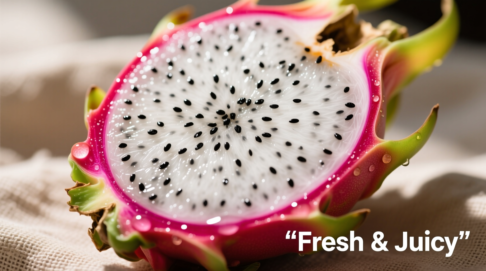 Ripe dragonfruit sliced open showing white flesh with black seeds