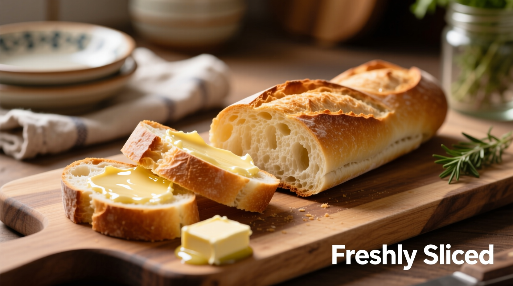 Freshly sliced baguette with garlic butter