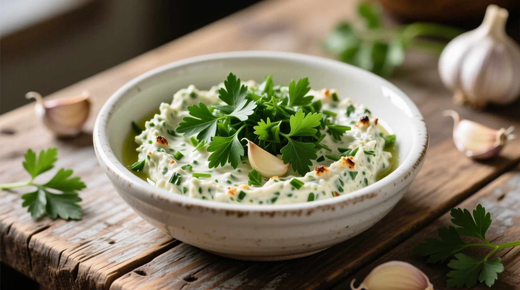 Homemade garlic spread in white bowl with fresh parsley