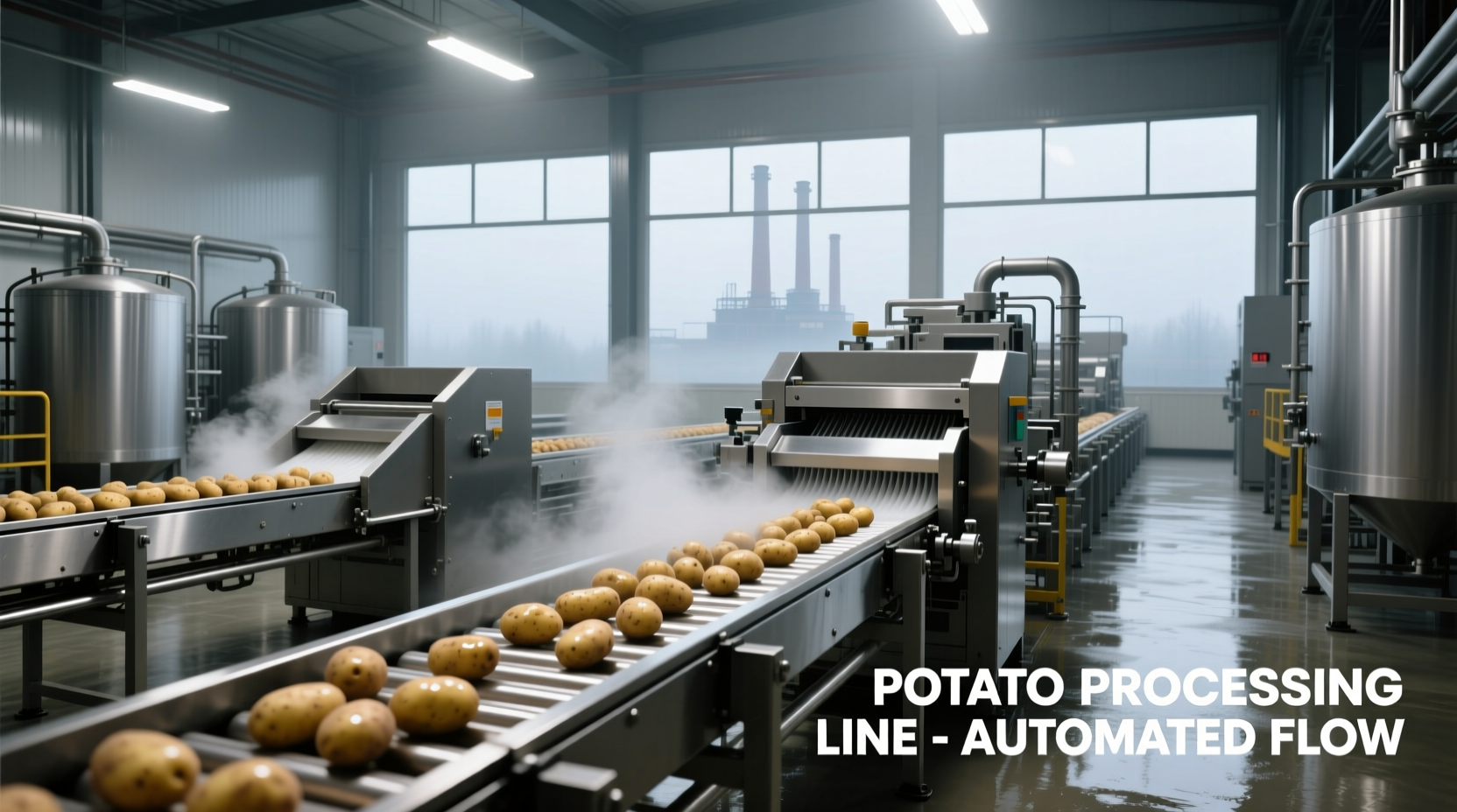 Industrial potato processing facility with conveyor systems