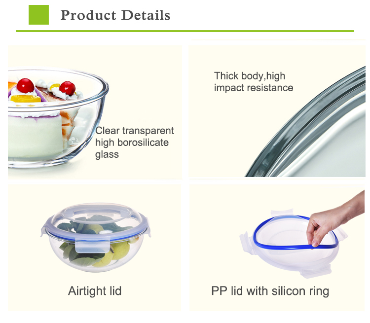 Nestable glass salad mixing bowl microwave oven safe 5pcs set with handle lid glass food storage container bowl