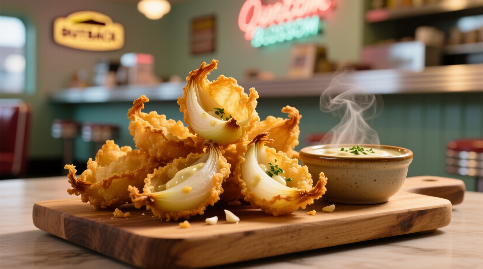 Crispy golden Outback Onion Blossom served with dipping sauce