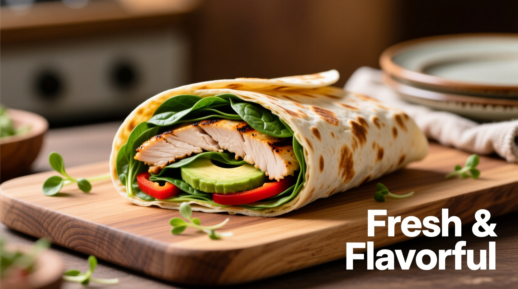 Fresh chicken spinach wrap sliced diagonally showing colorful ingredients