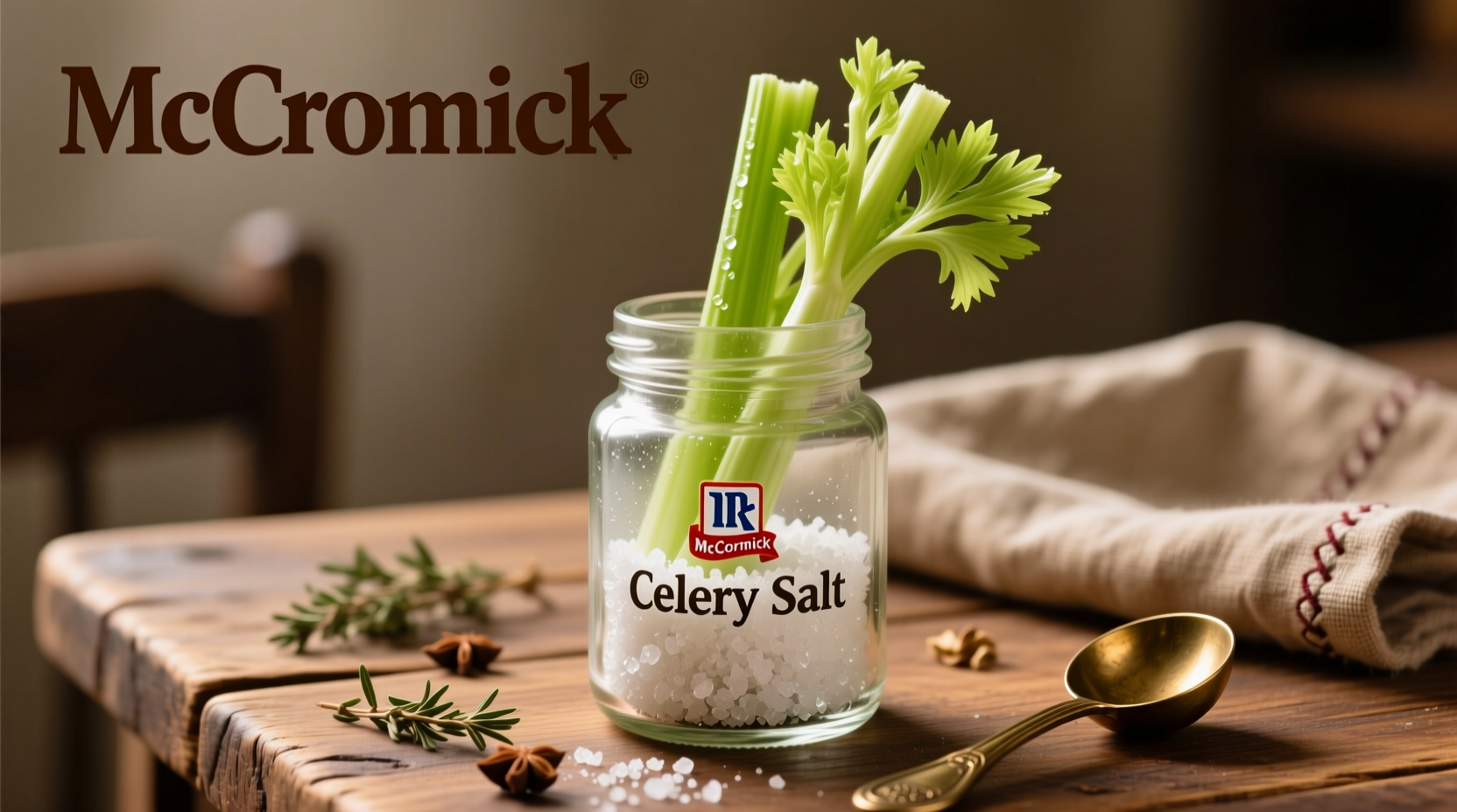 McCormick celery salt in glass spice jar with celery stalks