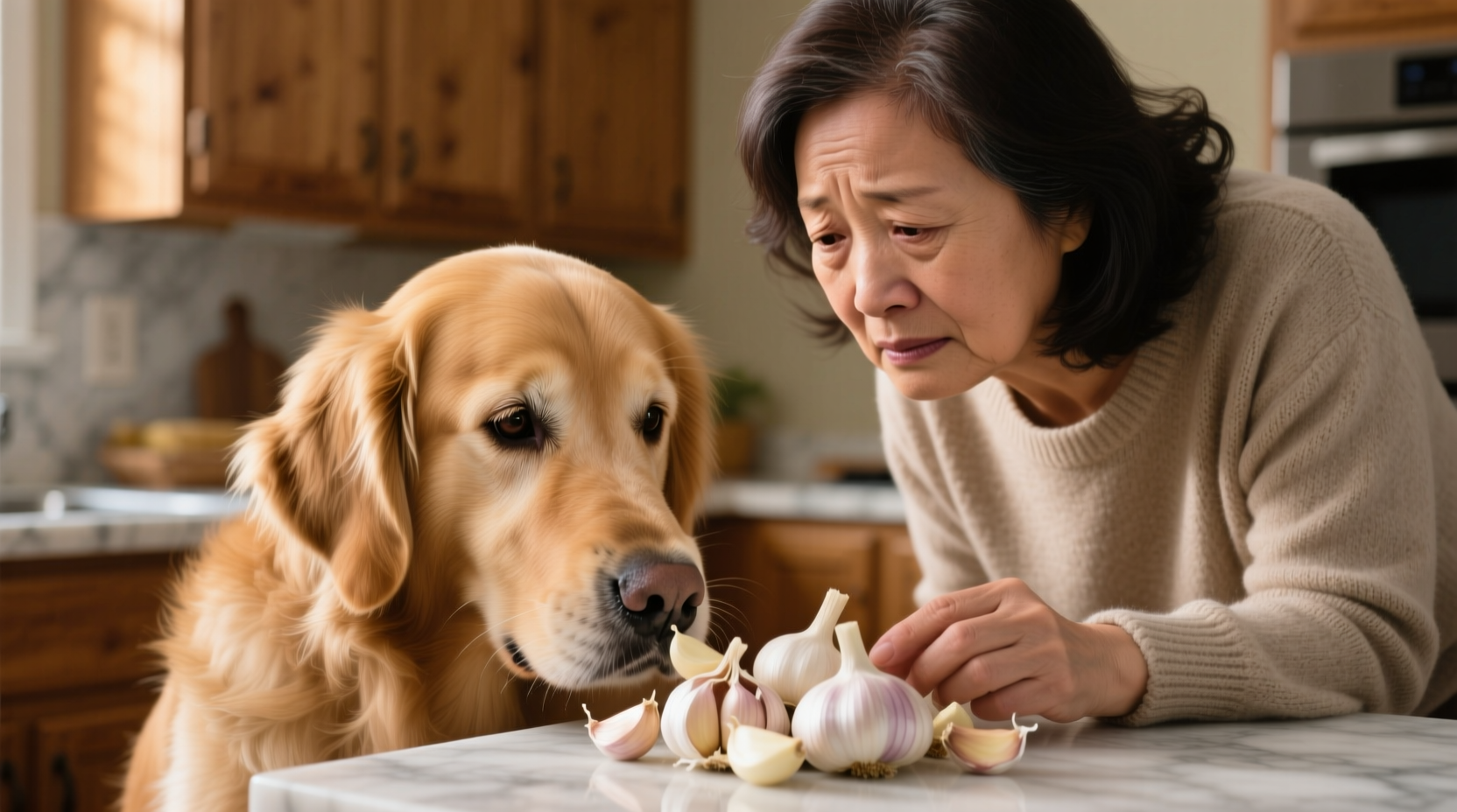 Dog with concerned owner checking garlic cloves