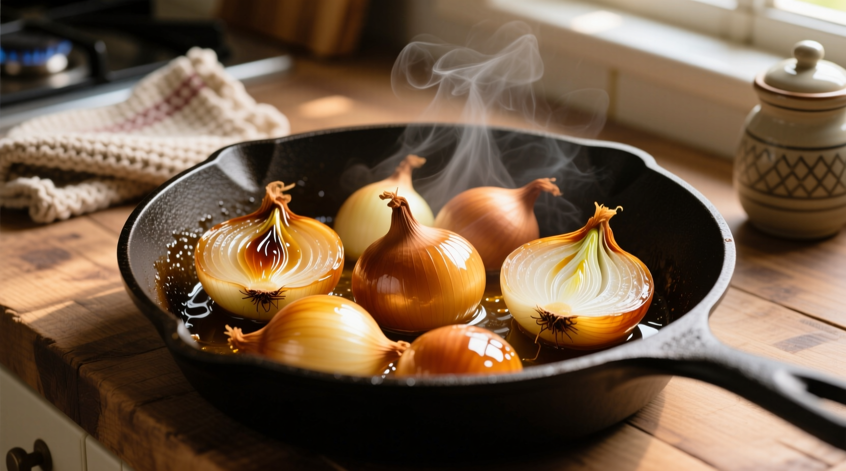 Golden brown onions caramelizing in cast iron skillet