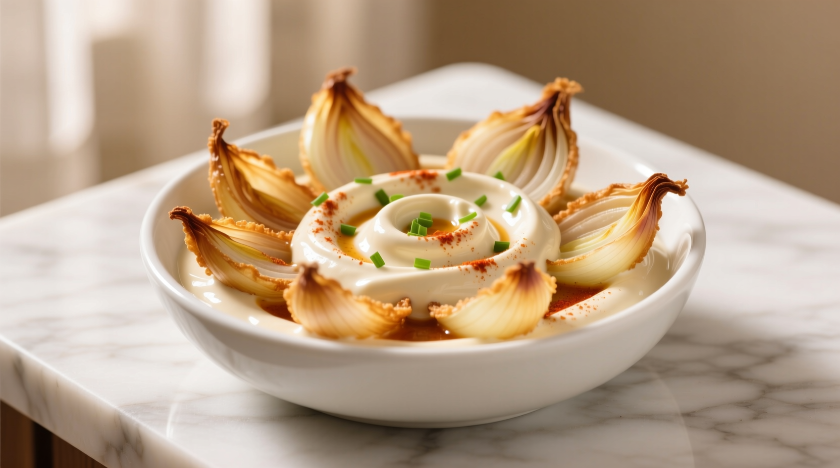 Creamy blooming onion dip in white bowl