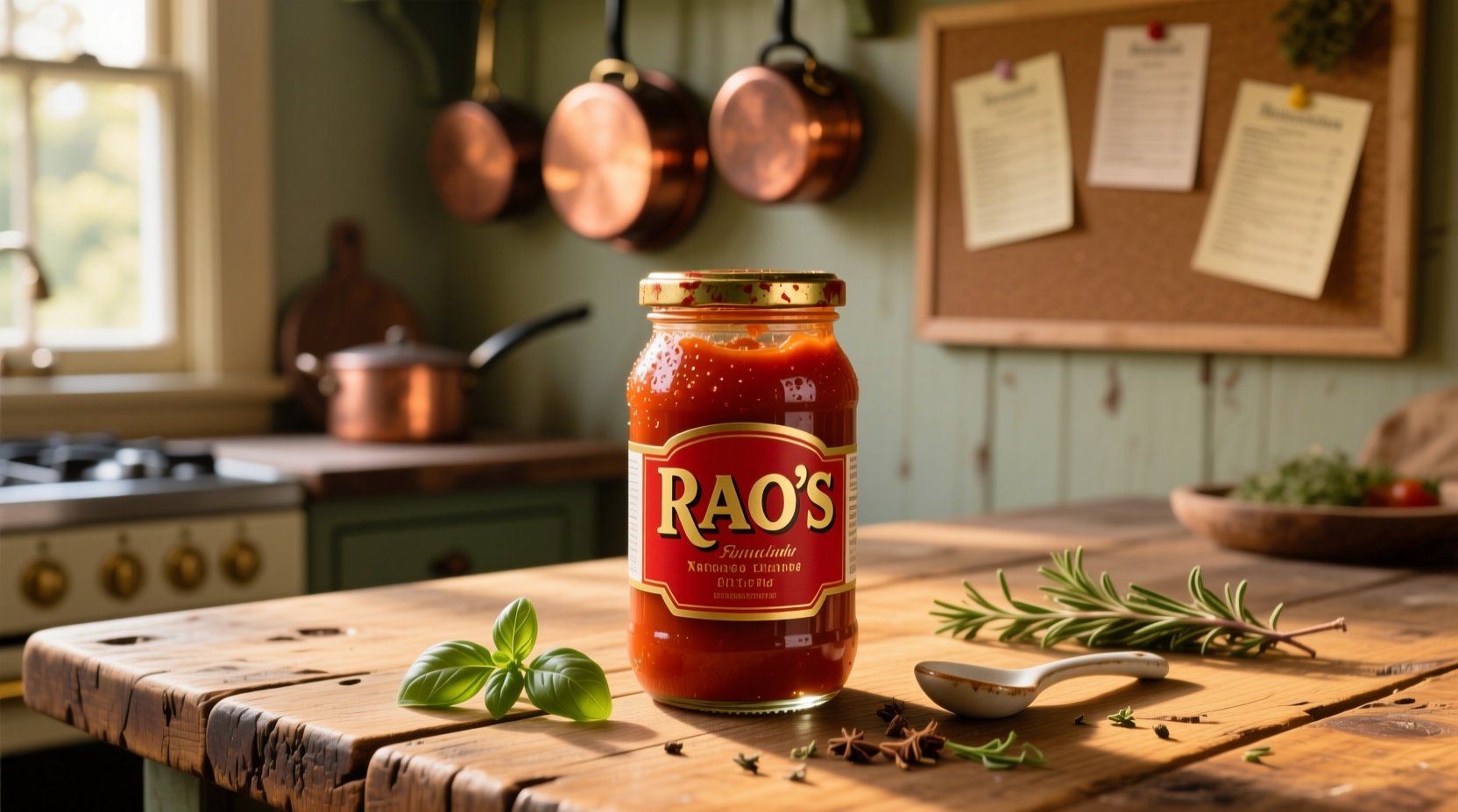 Rao's tomato sauce jar on rustic wooden table