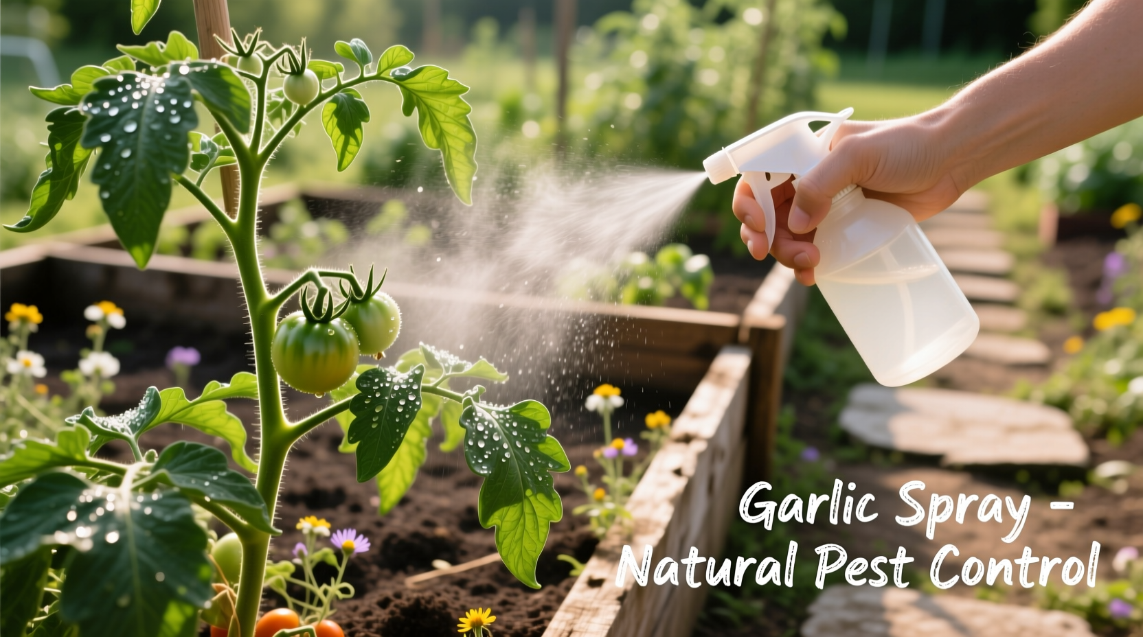 Homemade garlic spray being applied to tomato plants
