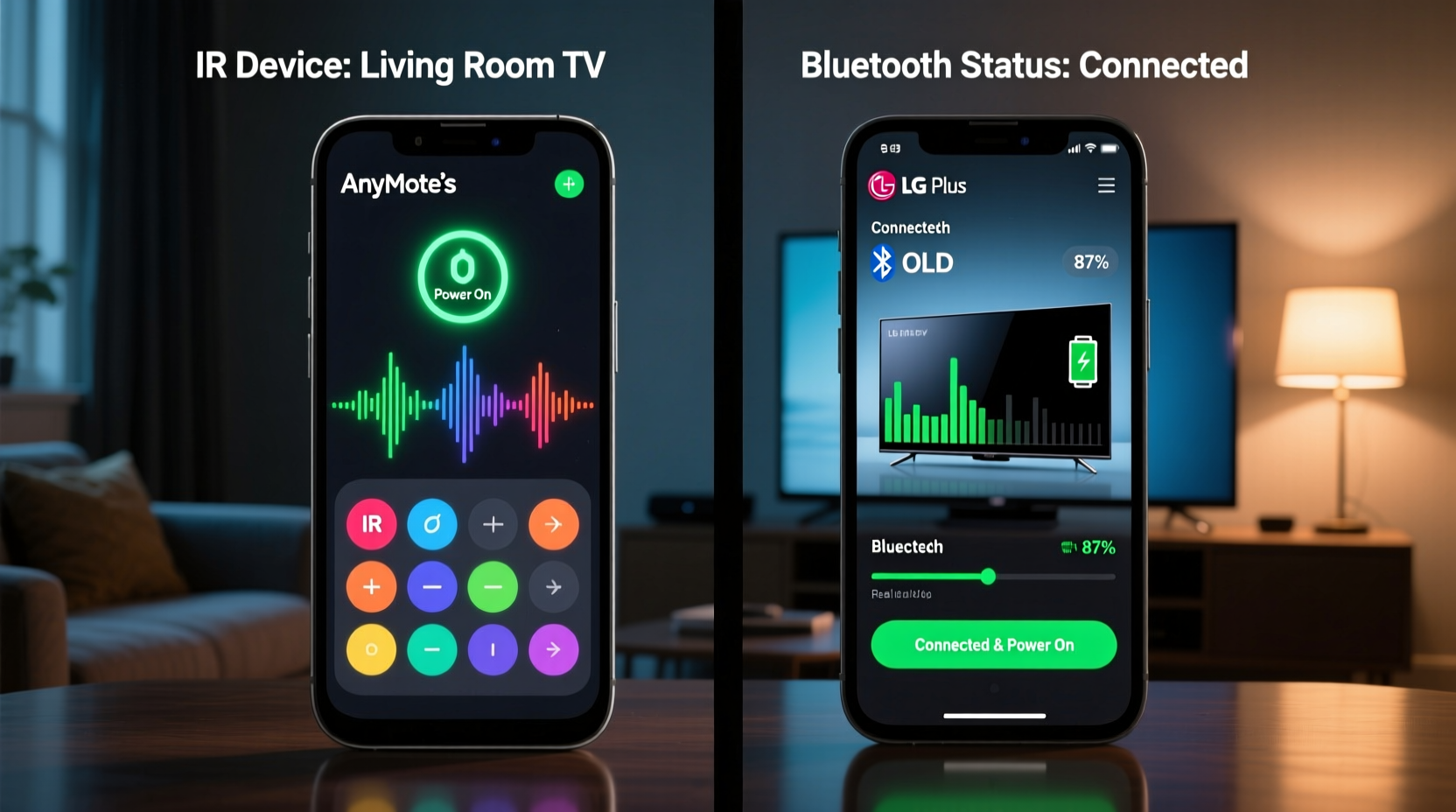 Side-by-side Android screen showing AnyMote's IR device selection interface on left and LG TV Plus Bluetooth device status panel on right, both displaying active power-on states