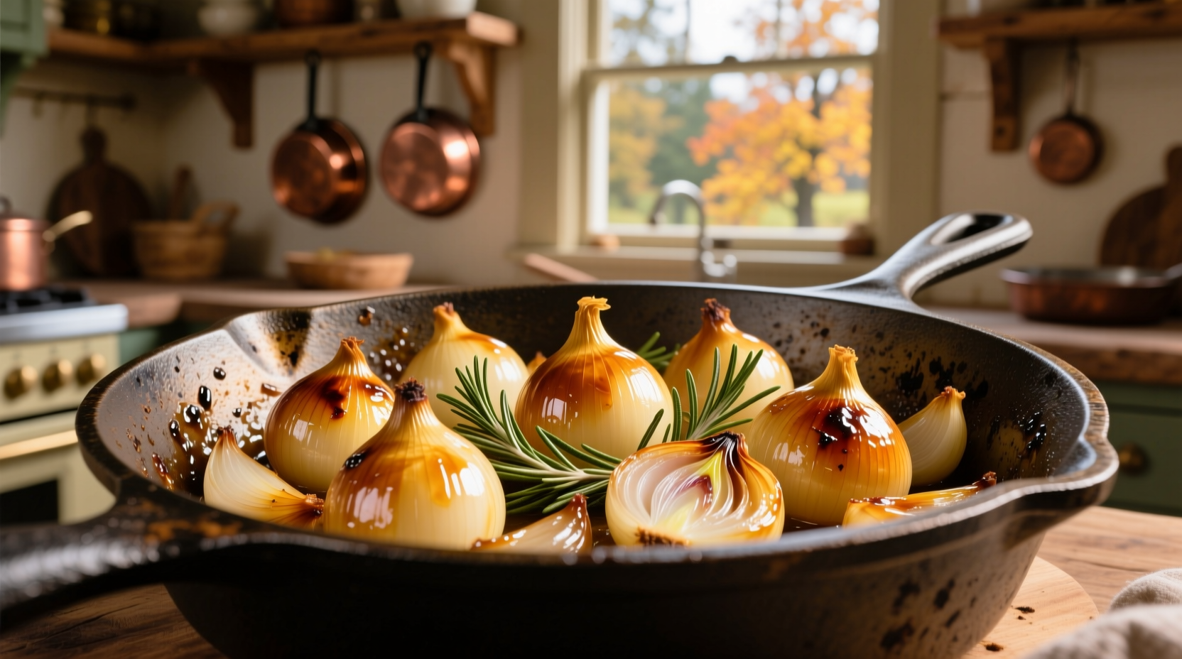 Golden roasted French pearl onions in cast iron skillet