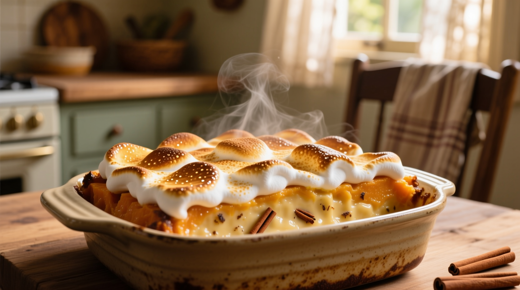 Golden sweet potato casserole with toasted marshmallow topping