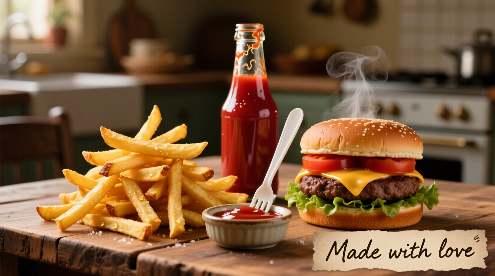 Homemade ketchup served with french fries and burgers