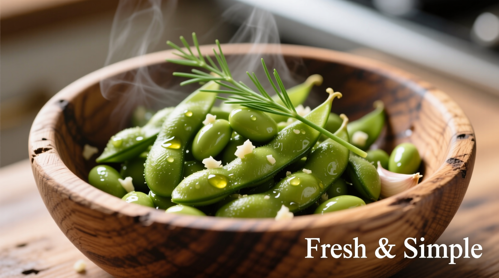 Fresh garlic edamame served in wooden bowl