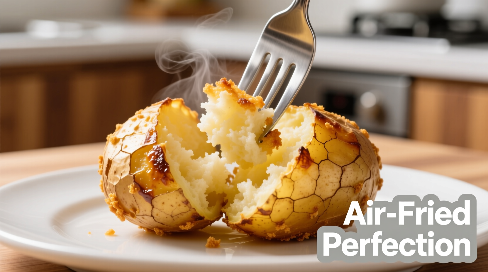 Crispy golden air fried potato with fork showing fluffy interior