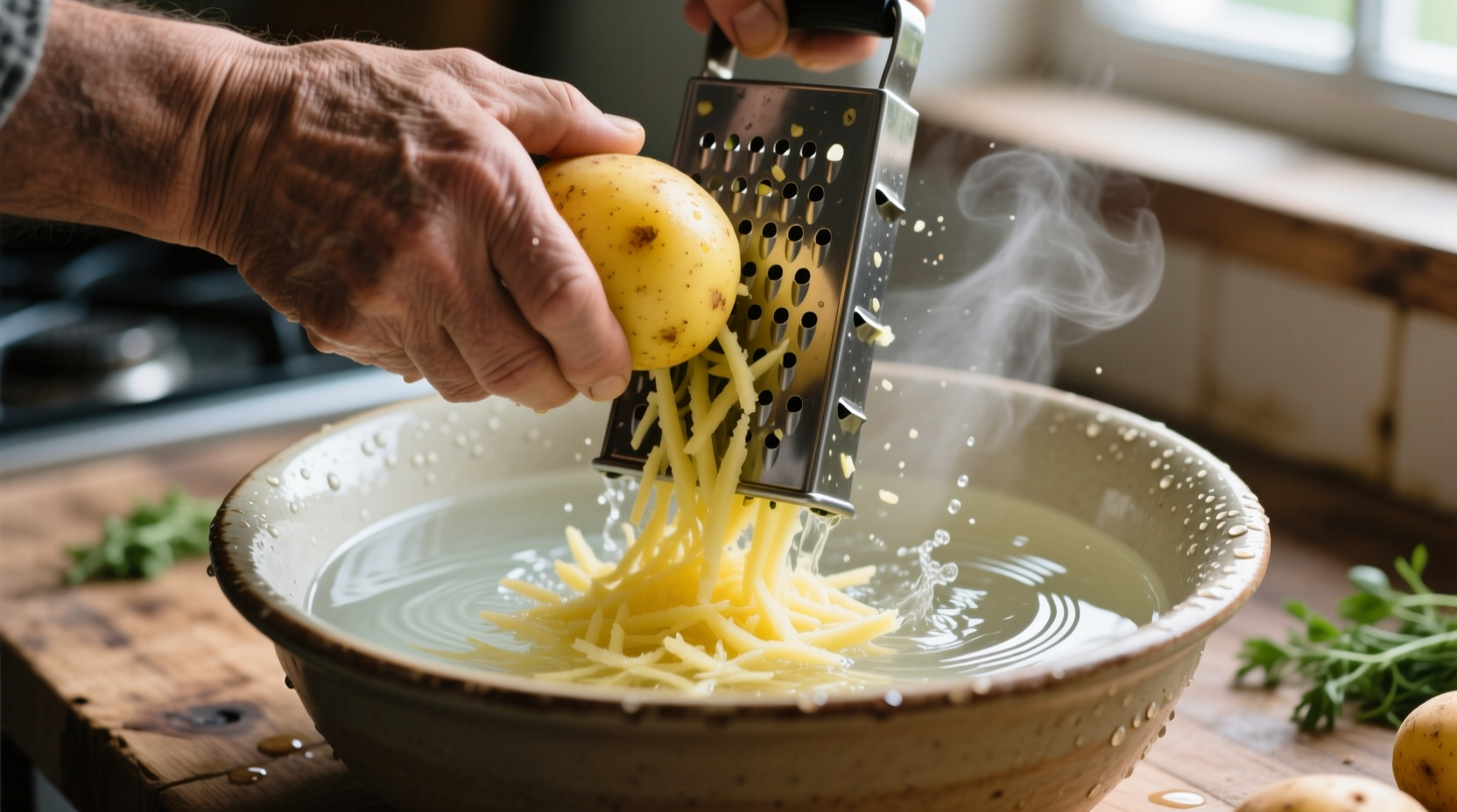 Hand grating potatoes into water bowl