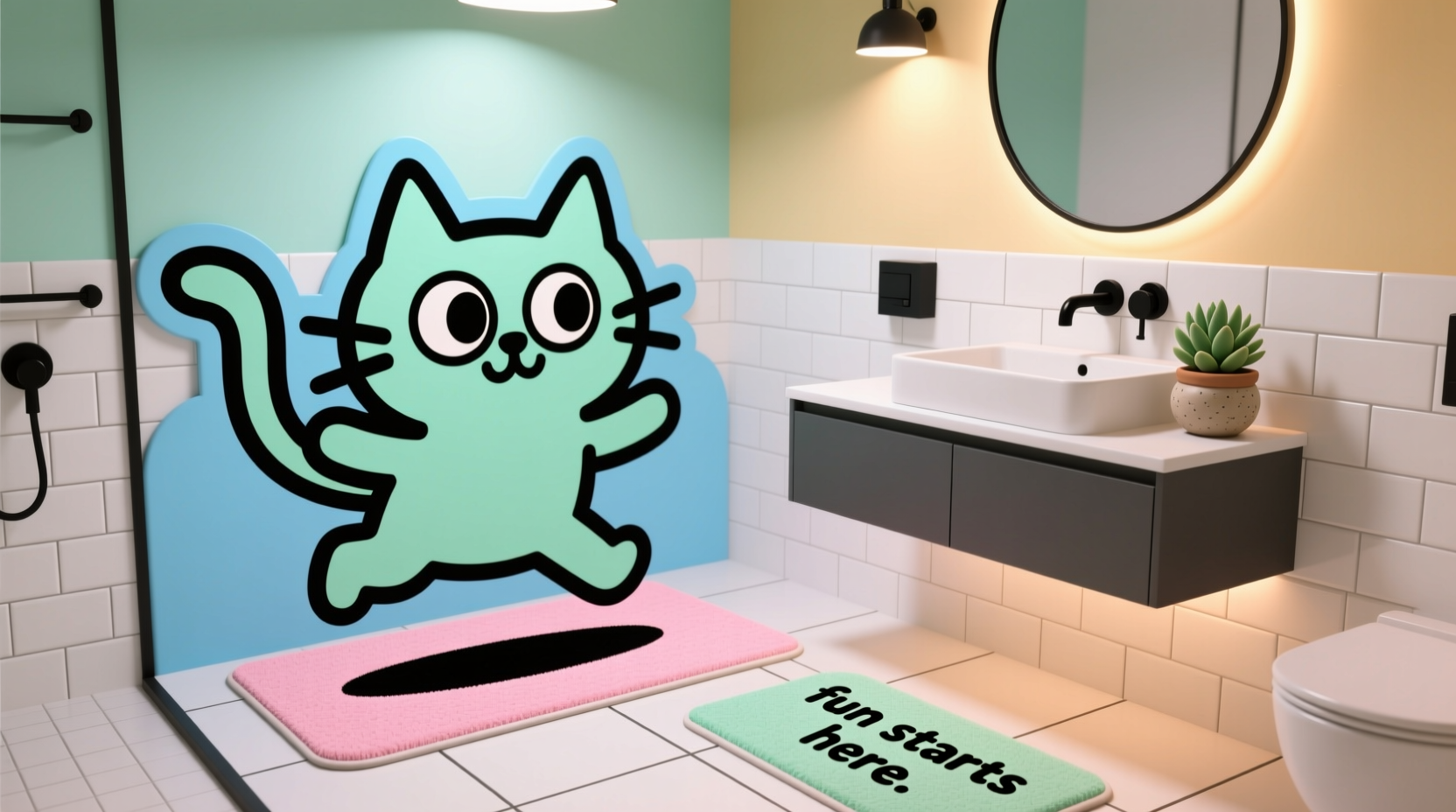 creative ways to style your bathroom using a cartoon floor mat for a fun fresh look