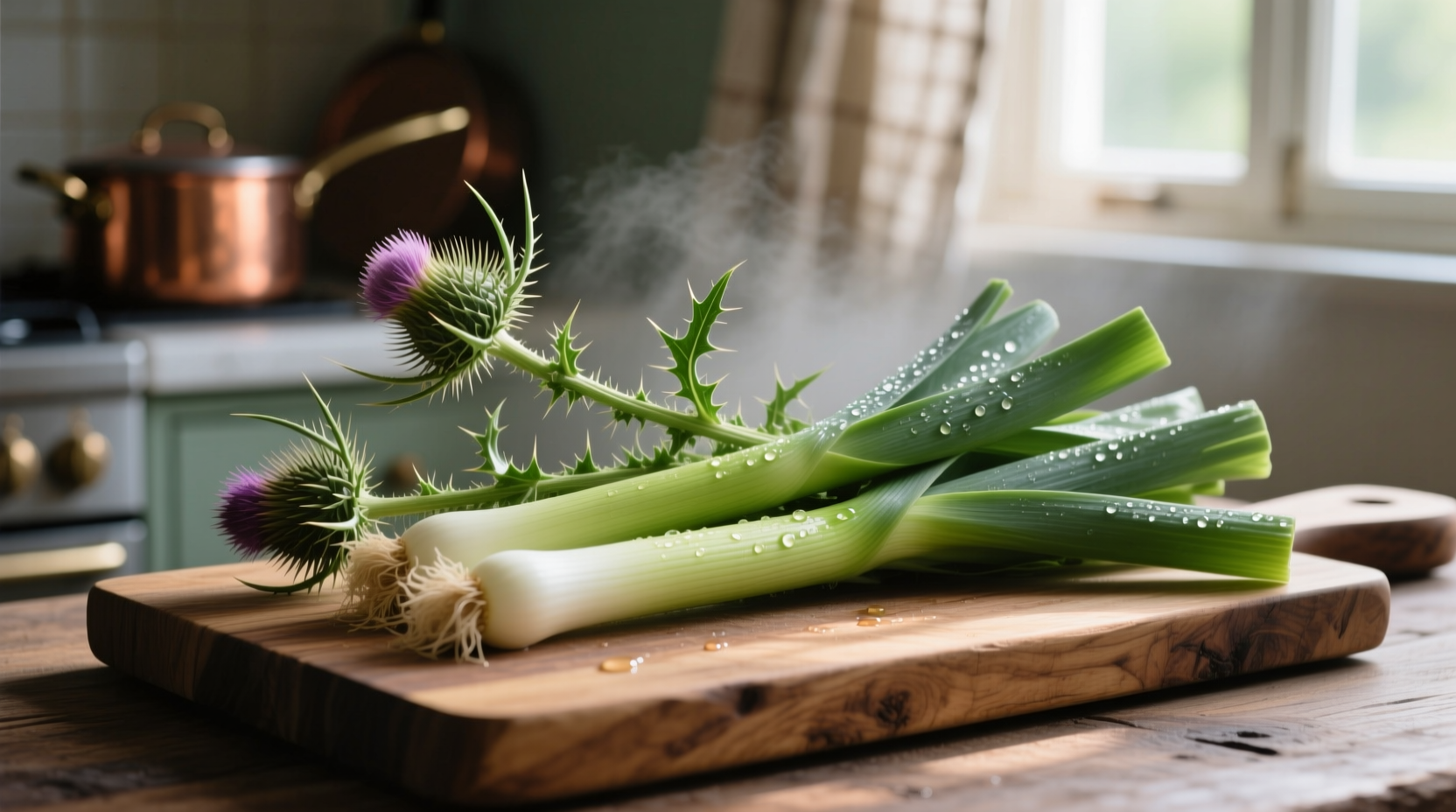 Fresh thistle stalks and leeks on wooden cutting board