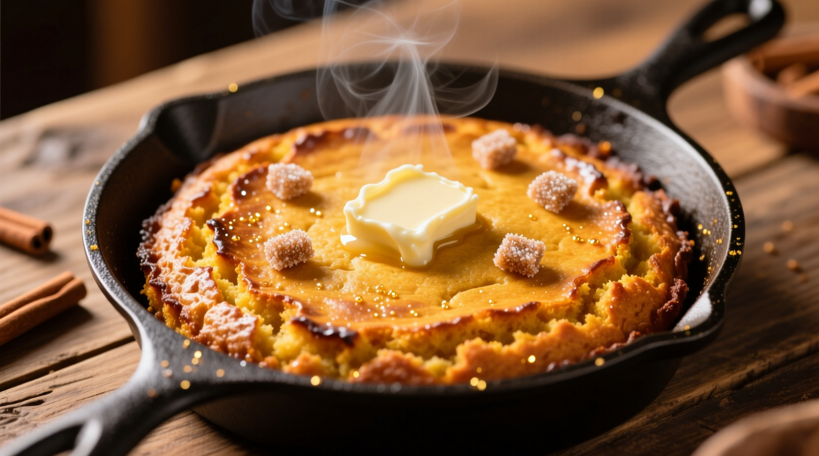 Golden sweet potato cornbread in cast-iron skillet