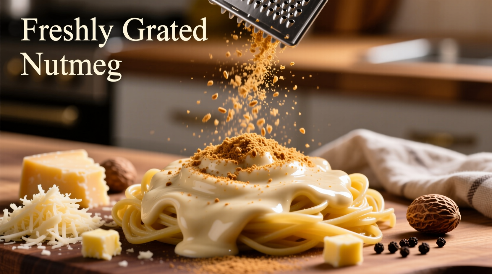 Freshly grated nutmeg over alfredo sauce ingredients