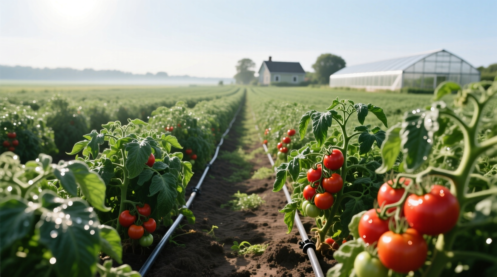 Professional tomato farm with healthy plants in field
