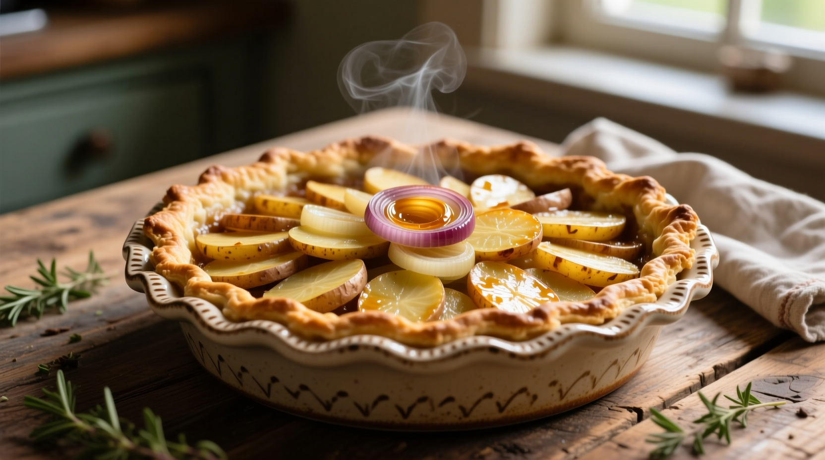 Golden-brown Guernsey potato pie with layered potatoes and onions in ceramic dish