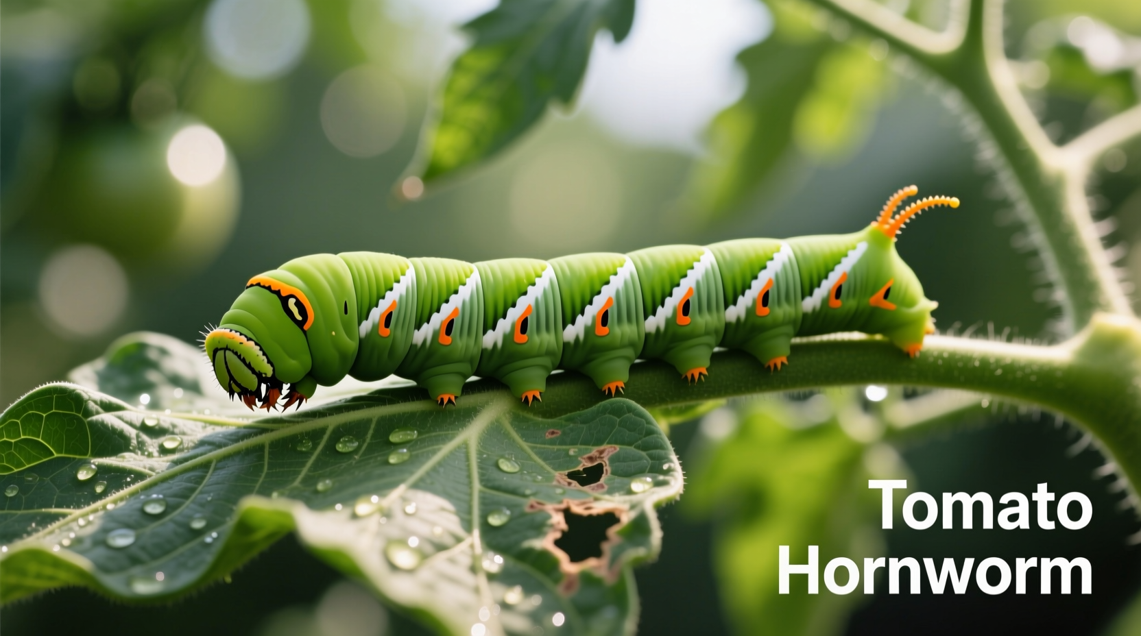 Tomato hornworm on tomato plant leaf