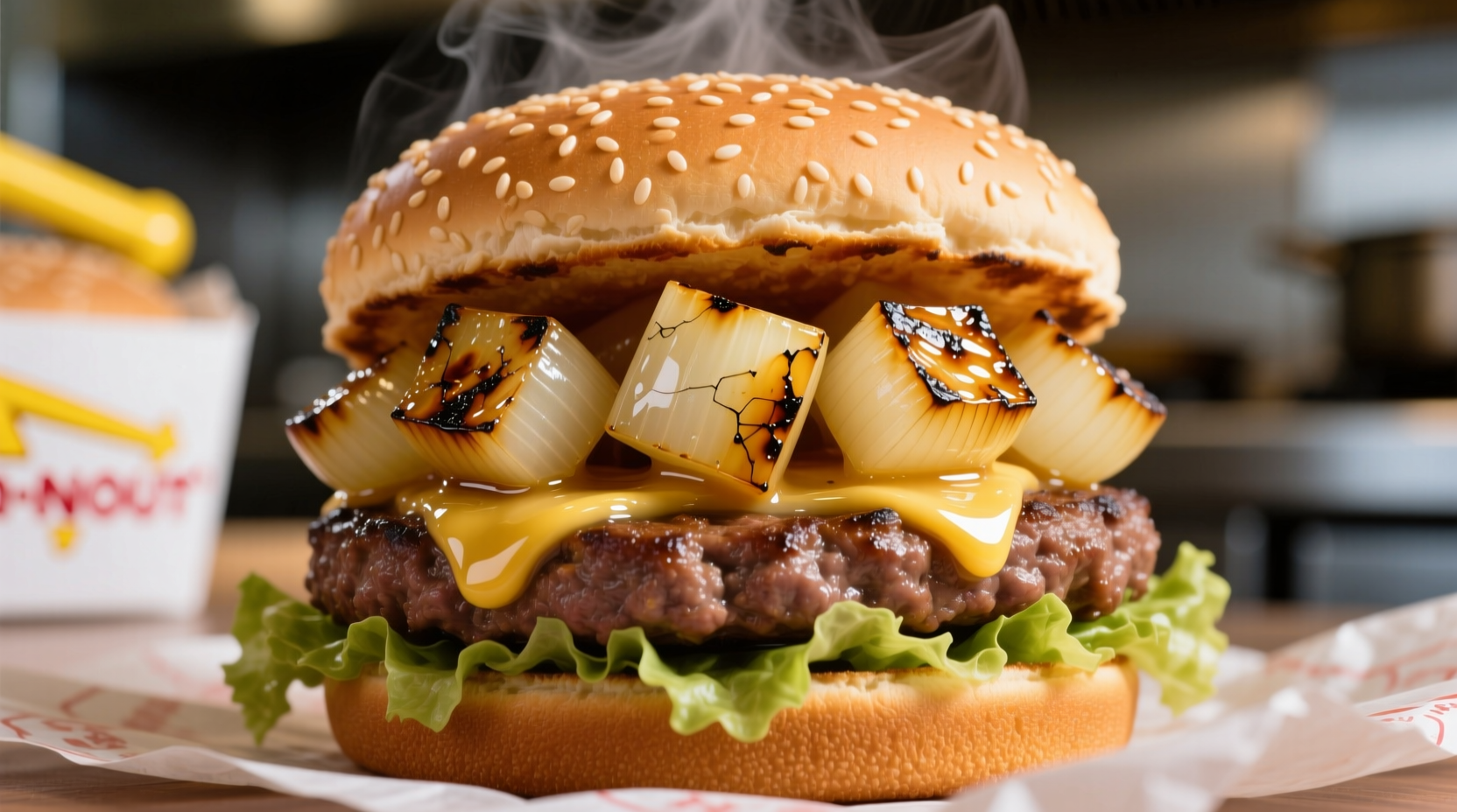 Close-up of diced grilled onions on In-N-Out burger