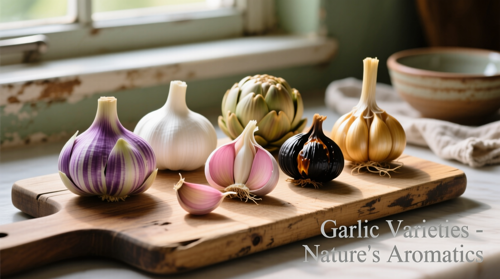 Five garlic varieties on wooden cutting board