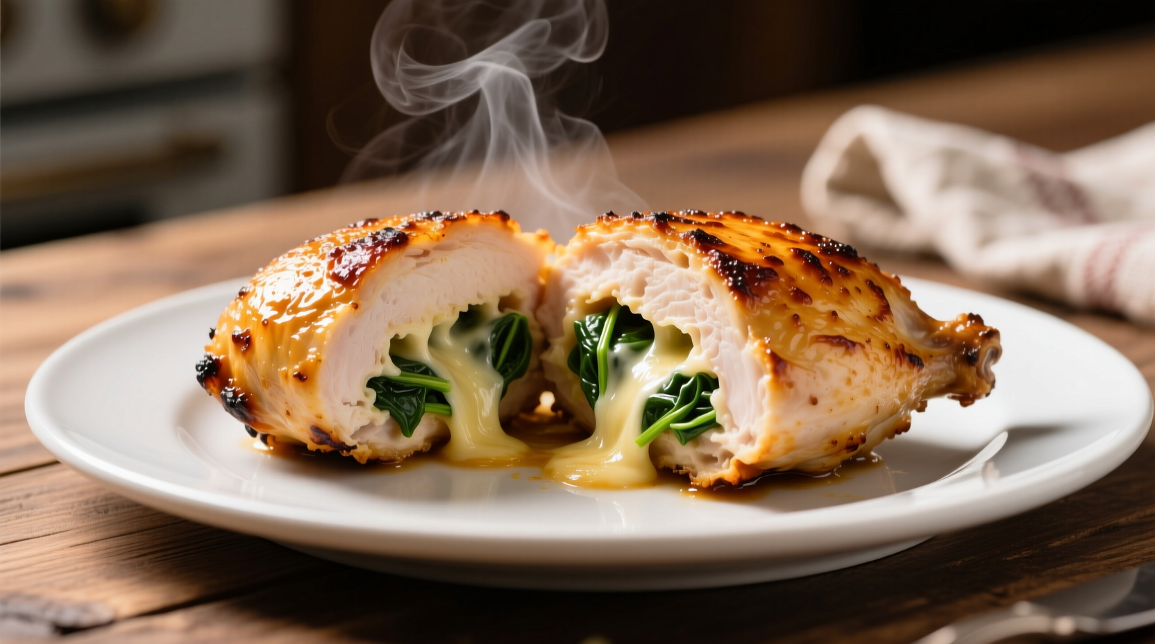 Perfectly cooked spinach and cheese stuffed chicken breast with golden crust