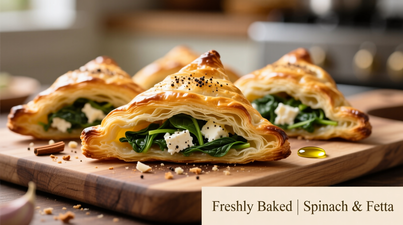 Golden puff pastry triangles with spinach and feta filling